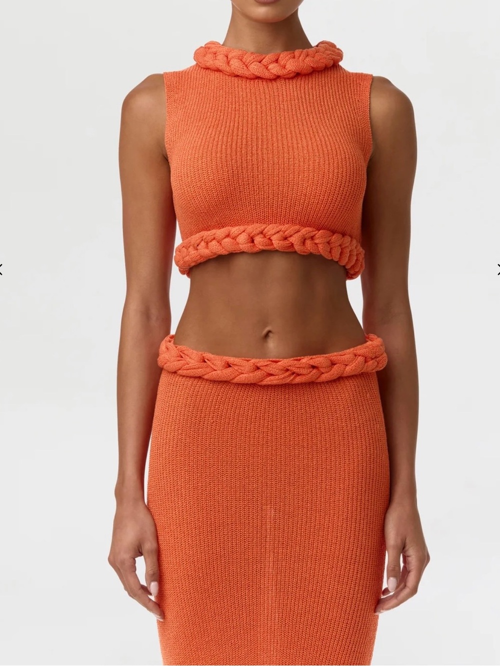 Orange Knitted Braided-Trim Crop Skirt and top set